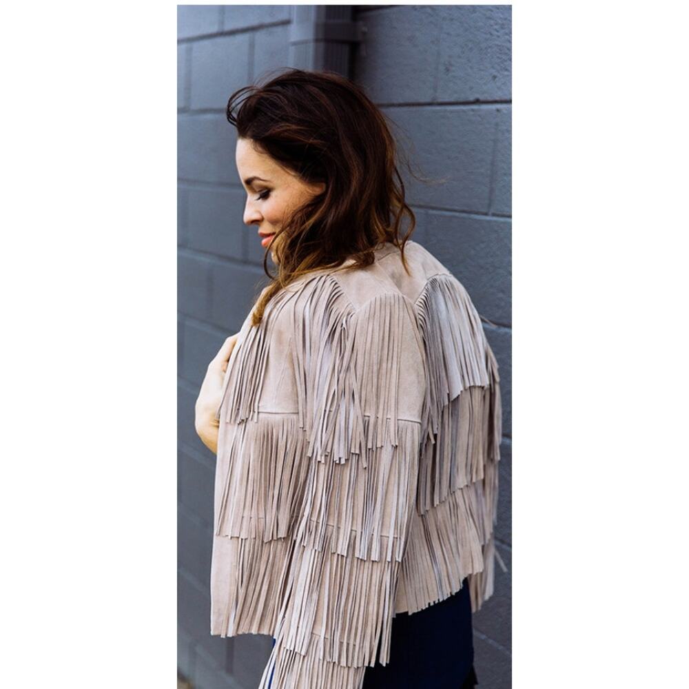 EUC Intermix Beige Suede leather Fringe Tiered Jacket Sz: Petite Boho Festival